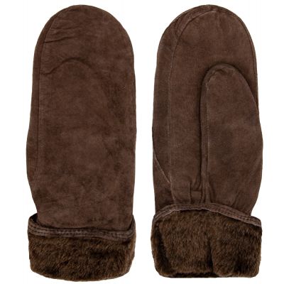 Suede leather mitten. Brushed lining and artificial fur cuff.